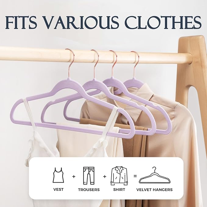 HOUSE DAY Lt-Purple Velvet Hangers 20 Pack, Premium Non-Slip Felt Clothes, Sturdy Heavy Duty Coat, Durable Hangers for Suits, Space Saving with No Hanger Mark, 360° Swivel Rotating Rose Gold Hook - Image 3