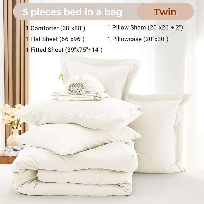 MUXHOMO 5 Pieces Twin Comforter Set, Soft Bed in a Bag Twin Size, All Season Bedding Set with Comforter, Flat Sheet, Fitted Sheet, Pillowcases & Shams, Ivory