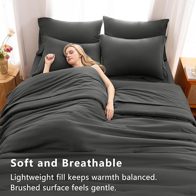 CozyLux Oversized Queen Comforter Set Dark Grey, 7 Pieces Bed in a Bag Comforter Set with Sheets, Dark Gray Luxury Soft Bedding Sets with Down Alternative Comforter, Sheets, Pillowcases & Shams