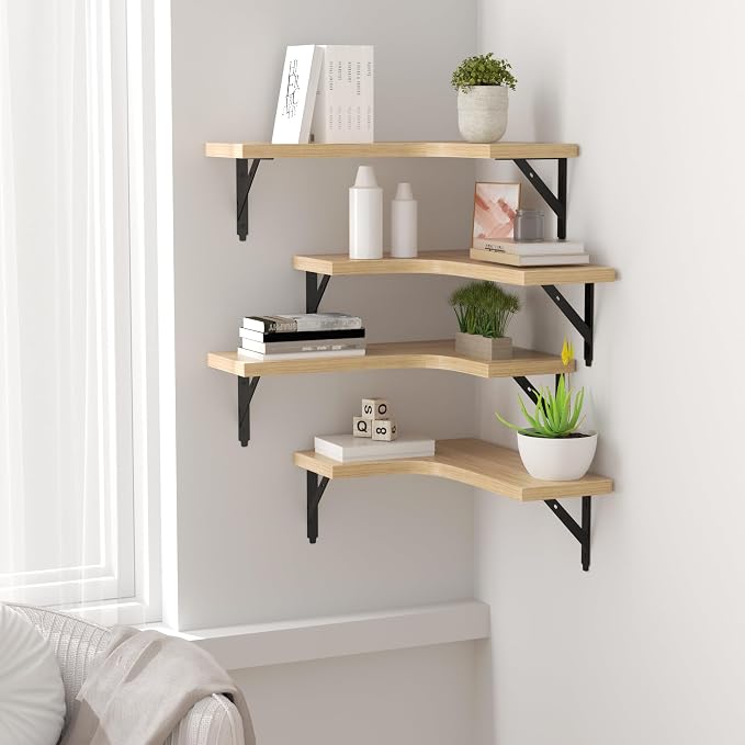 ROMGUAR CRAFT Corner Floating Shelves Wall Mounted Set of 4, Rustic Wood Storage Display Shelves for Home Decor, Bathroom, Kitchen, Bedroom, Living Room, Office (Natural) - Image 5