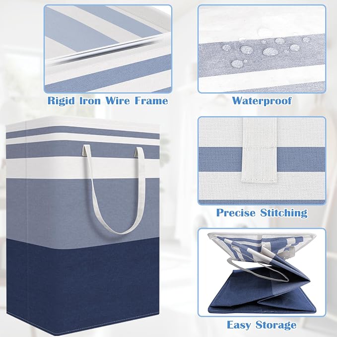 BlissTotes 3-Pack Laundry Basket, Freestanding＆Waterproof Laundry Hamper, Collapsible Tall Clothes Hamper with Easy Carry Handles for Clothes, Towels in the Family and Dorm,Gradient Blue,88L - Image 4