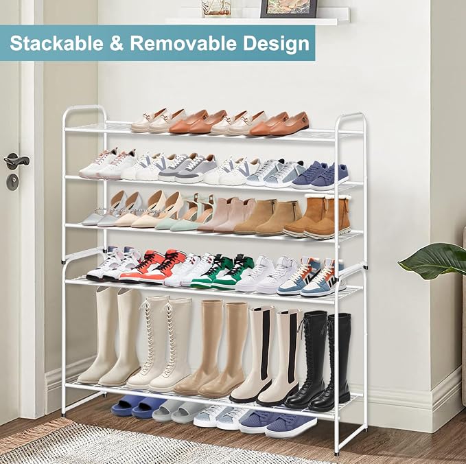 AOODA Long 3 Tier Metal Shoe Rack for Closet Wide Stackable Shoe Storage Organizer for Entryway, Bedroom, Floor, 24-Pairs Men Sneakers Boot Shelf with Wire Grid, White - Image 5