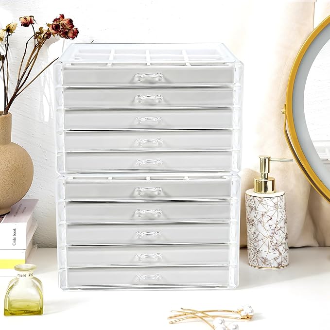 ProCase Earring Holder Organizer Jewelry Box with 10 Drawers, Acrylic Clear Earring Case with Adjustable Velvet Trays for Women - Warmwhite,10 Layers - Image 6