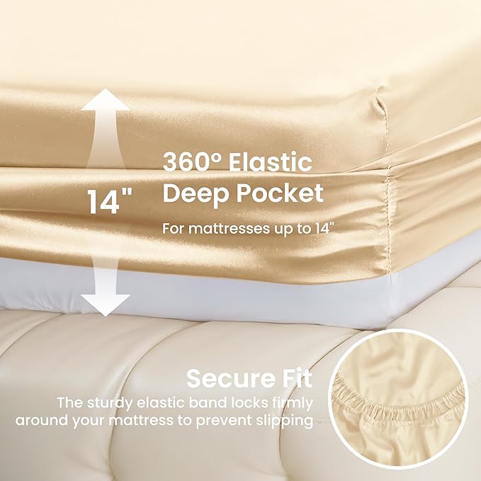 Love's cabin Full Size Satin Sheet Sets - 4 Piece Beige Silky Sheet Set with Deep Pocket, Luxury Silk Feel Satin Sheets Full Bedding Set (1 Flat Sheet,1 Fitted Sheet,2 Pillow Cases)