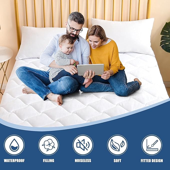 Full Size Quilted Fitted Mattress Pad, Waterproof Breathable Cooling Mattress Protector, Stretches up to 21 Inches Deep Pocket Hollow Cotton Alternative Filling Noiseless Mattress Cover