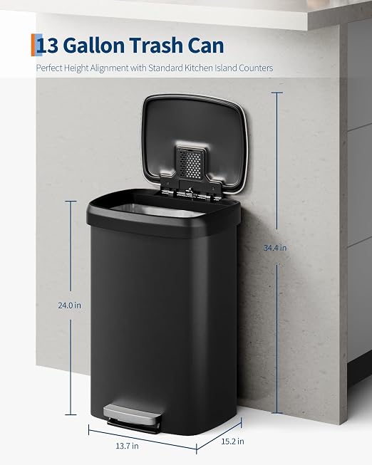 Garvee 13 Gal / 50L Large Plastic Trash Can for Kitchen, Step-On with Soft Close Lid, Liner Rim, Rustproof Garbage Bin, Rear Handle, Matte Black - Image 6