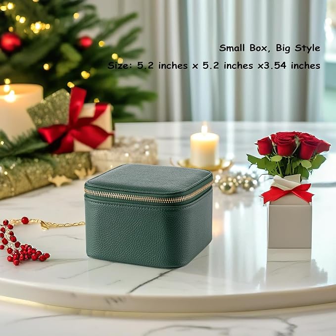 VLANDO Travel Jewelry Box Organizer – Portable PU Leather Jewelry Case with 6/8/12 Zippered Pouches, Compact Storage for Earrings Rings Necklaces Bracelets, Dark Green - Image 2