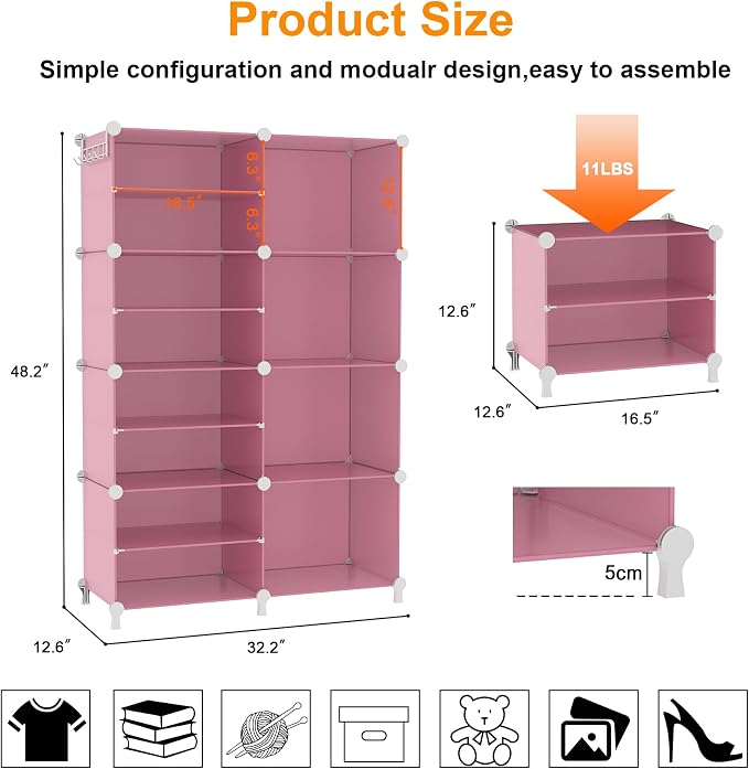 AWTATOS Closet Organizer 8 Cube Storage Shelves Clothes Organizers Closet Storage Stackable Cubby Shelving for Closet Bedroom Living Room Pink - Image 3