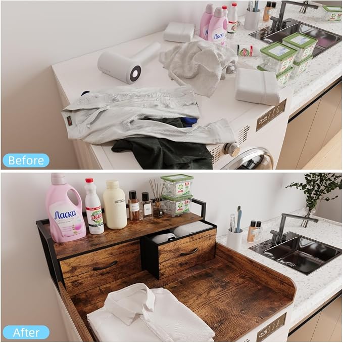 Unionly 2-Tier Washer Dryer Countertop single with shelf and fabirc drawer,laundry topper with Edge and Non-Slip Pad for Washer Dryer Laundry Hamper Counter Storage Organization (rustic brown, single) - Image 8