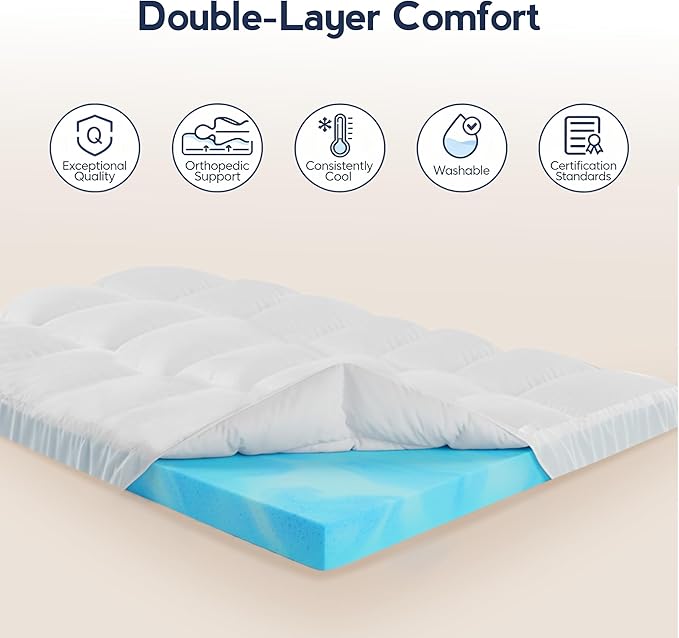 Dual Layer Twin XL 4 Inch Memory Foam Mattress Topper for College Dorm, 2 Inch Cooling Gel Memory Foam and 2 Inch Down Alternative Pillow Top Mattress Pad Cover 8-24 Inch Deep Pocket