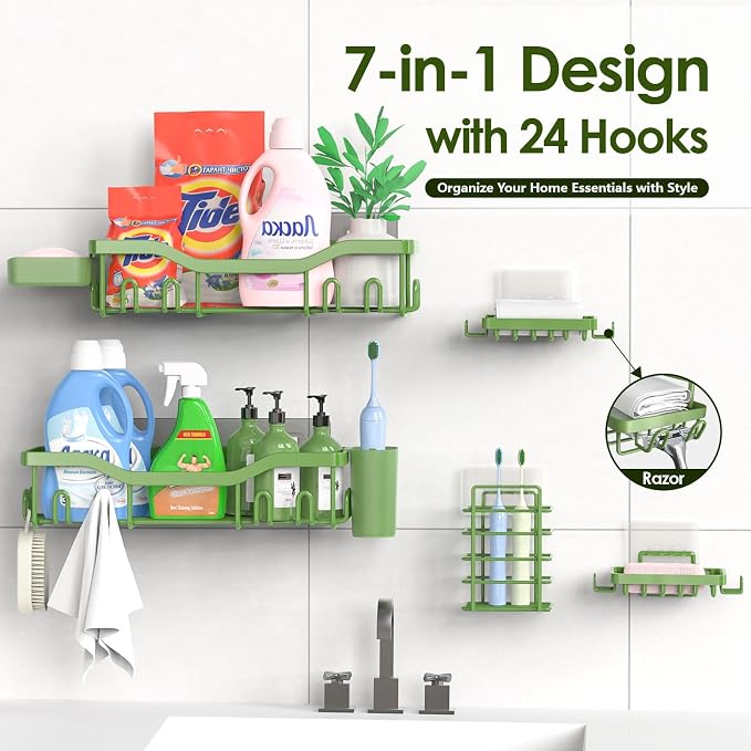 NESOMI Shower Caddy Adhesive Shower Organizer 7-Pack, Rustproof Stainless Steel Bathroom Shelves, Large Capacity No-Drill Rack Storage Accessories with Soap Dish Toothbrush Holder Hooks - Image 7