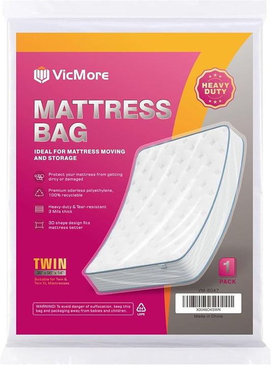 VICMORE Heavy-Duty Twin/Twin XL Mattress Bag for Moving & Storage – Waterproof, Tear-Resistant Plastic Mattress Protector Cover, Transparent & Easy-Fit
