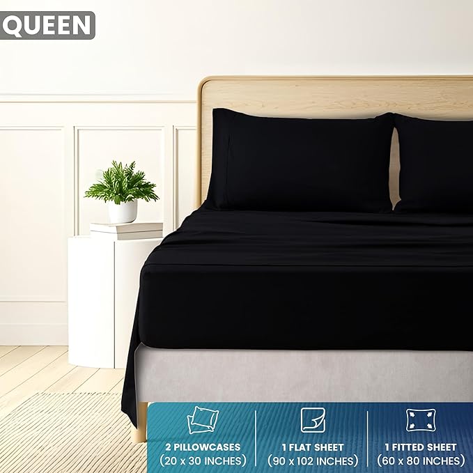 Utopia Bedding Queen Size 4 Piece Sheet Set - Brushed Microfiber - Soft Bed Sheets for Queen Size Bed Set - Includes 1 Fitted, 1 Flat, & 2 Pillow Cases - Deep Pocket (Black)