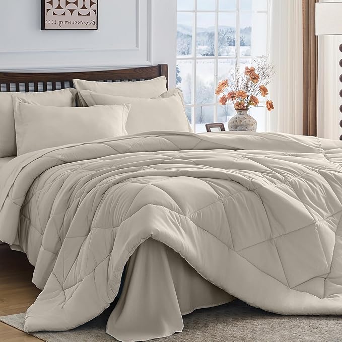 HEVUMYI Linen Twin Comforter Set - 5-Piece All Season Bed in a Bag Twin, Ultra Soft Bedding Set with Comforter, Flat Sheet, Fitted Sheet, Pillowcases, Pillow Shams