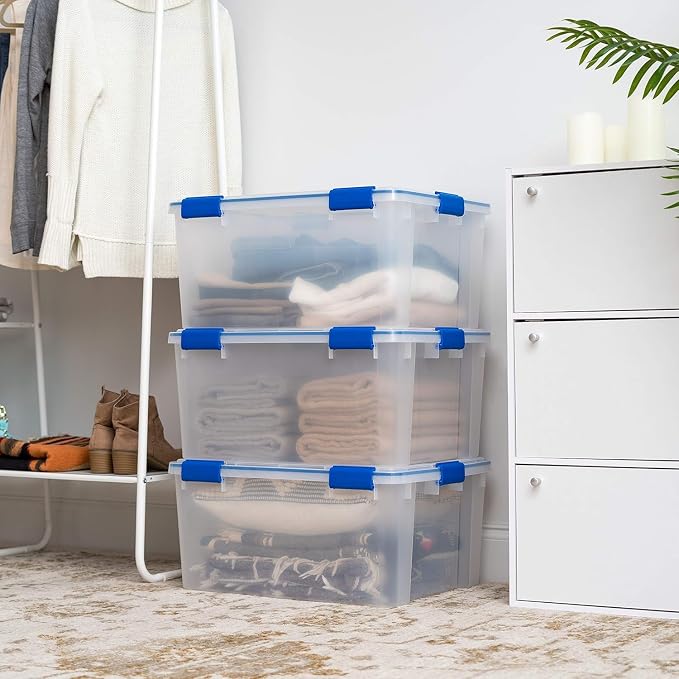 IRIS USA WeatherPro 60 Qt Storage Bins with Lids, 3 Pack, BPA-Free Plastic Gasket Box with Tight Latch and Seal, Stackable Nestable Tote Tub - Clear/Blue - Image 5