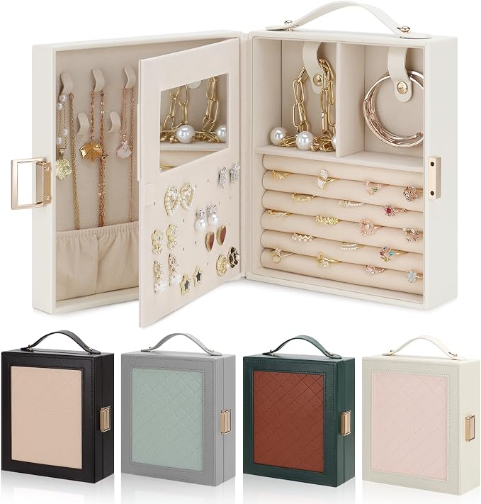 DesignSter Travel Jewelry Case for Woman, Portable Jewelry Travel Box with Mirror, PU Leather Small Jewelry Organizer with Handle for Rings Earrings Bracelets Necklaces(Beige & Pink) by DesignSter