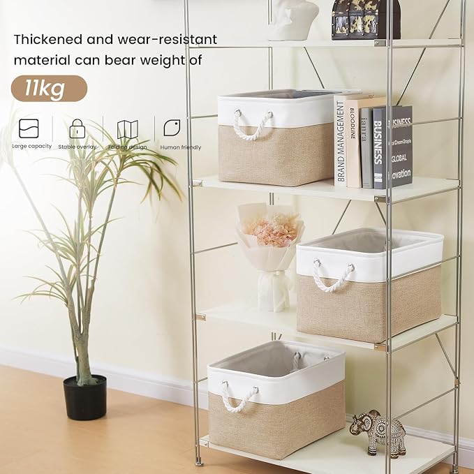 Large Storage Baskets- 15x11x10 inch Storage Bins for Shelves and Closet Organizing, Foldable Fabric Bin for Home Organization Clothes and Laundry (1-Pack, White&Khaki) - Image 3