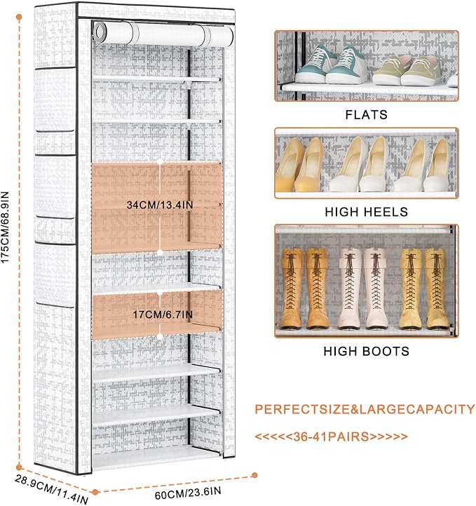 OYREL Shoes Rack 10 Tier Tall Shoe Rack with Storage Pockets, Fabric Covered Shoe Racks,Metal Shoes Rack Organizer for Closets,Bedroom, Garage - Image 3