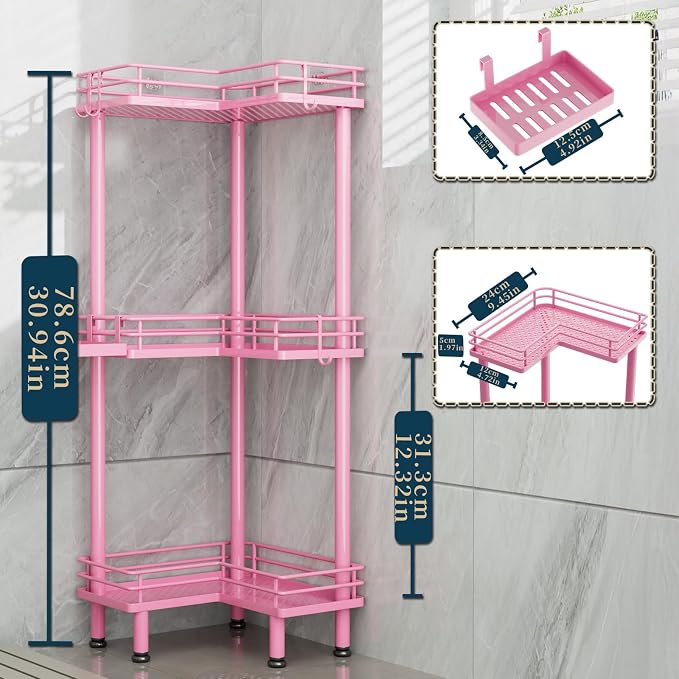 Consumest Corner Shower Caddy Standing - 3-Tier Stainless Steel Shower Organizer with Soap Holder and 4 Hooks, Large Capacity Corner Shelf Stand for Bathroom, Rest Room, Pink - Image 5