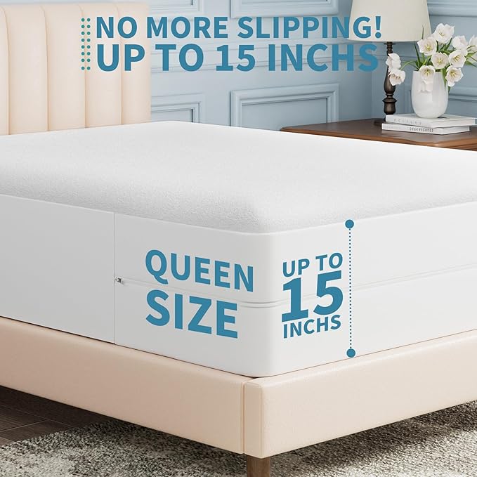 OhGeni 100% Waterproof Mattress Protector,Zippered Queen Size Mattress Encasement, Mattresses Pad, Premium Noiseless Breathable Soft Material, Mattresses Cover for Bed