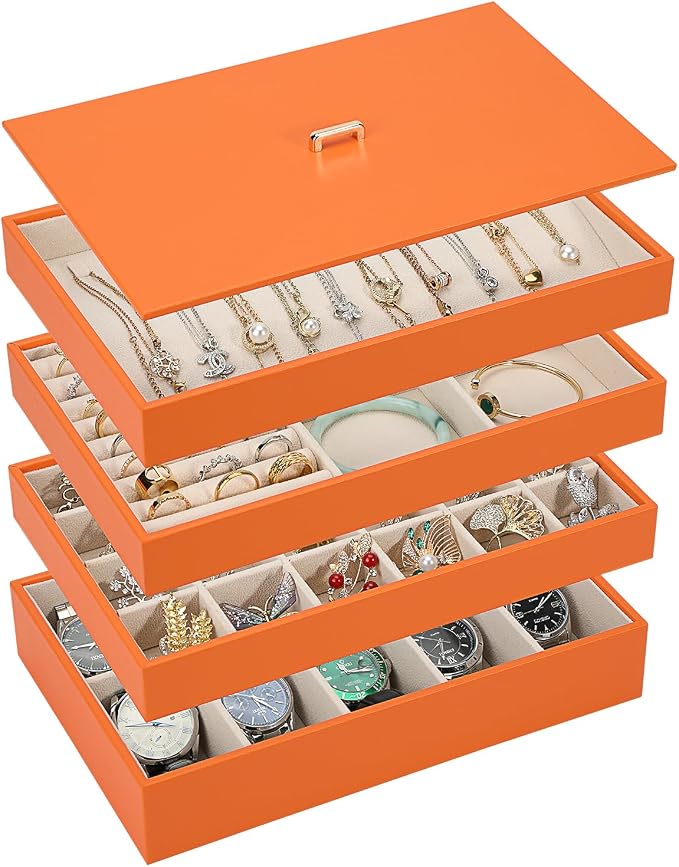 Voova Stackable Jewelry Organizer Tray with Lid, PU Leather Jewelry Storage Holder for Drawer Inserts, Jewellery Display Box Case for Earring Necklace Ring Watch Bracelet (Set of 4, Orange) by Voova