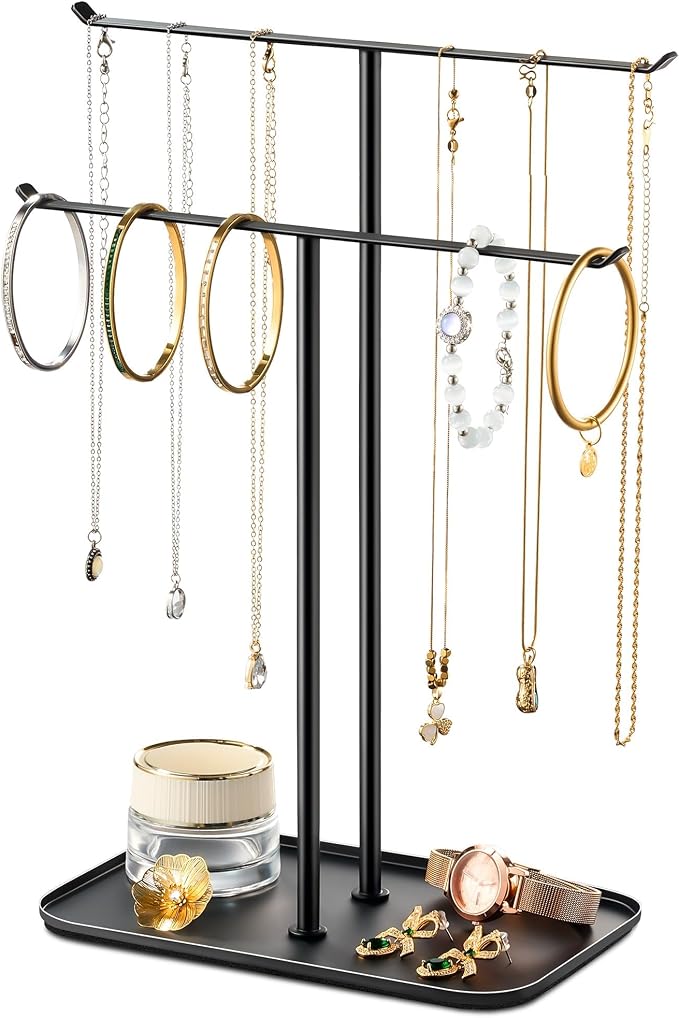 pickpiff Necklace Holder Jewelry Organizer Stand – 2‑Tier T‑Bar Jewelry Display Tree with Tray for Countertop Necklace Bracelet Earring Storage, Vanity Dresser Bathroom Sink, Black by pickpiff