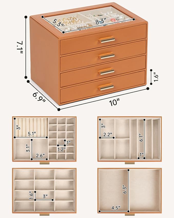 AKOZLIN Jewelry Box with Clear Lid Functional Leather Jewelry Storage Organizer Case 4 Drawers for Women Girls Necklace Ring Bracelet Earring Orange - Image 2
