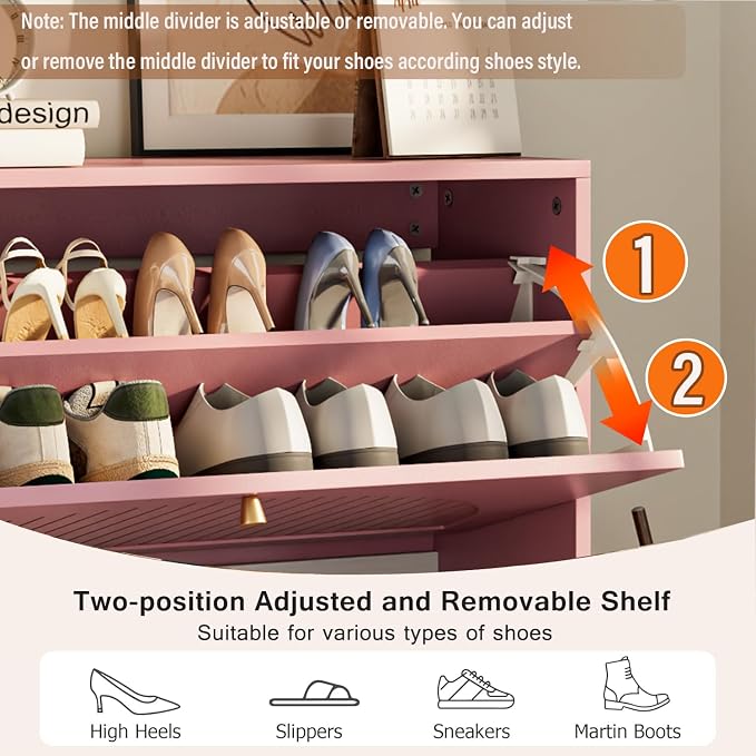 Fsbecl Shoe Storage Cabinet for Entryway with 2 Flip Drawers, Narrow Wood Shoe Cabinet with Fluted Panel, Freestanding Hidden Shoe Organizer for Foyer, Hallway (Pink - with Shelf) - Image 5