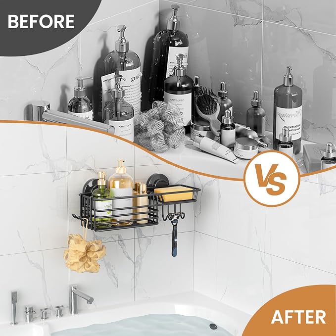 LEVERLOC Shower Caddy Suction Cup, Suction Caddy with Hooks and Soap Holder for Bathroom, No-Drilling Bathroom Shower Organizer, Black - Image 5