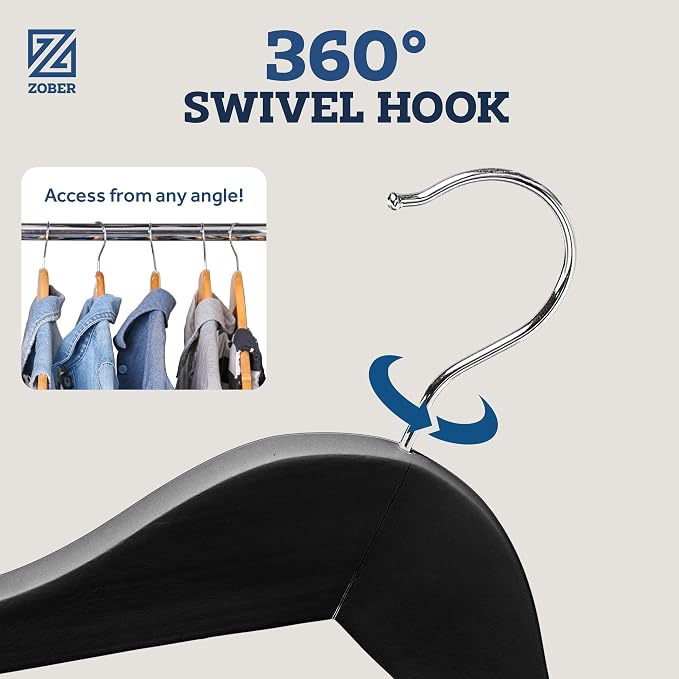 ZOBER Black Wooden Hangers - Heavy Duty, Non Slip Wood Hangers for Coats, Jackets, Suits, & Pants - Coat Hangers for Closet W/Bar and Notches 20 Pack - Image 5