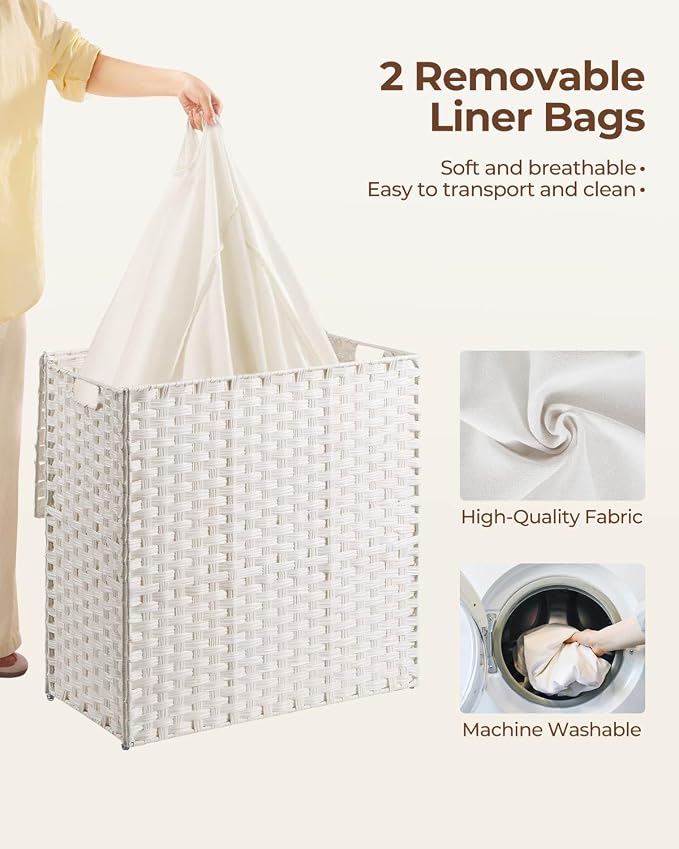 Greenstell Laundry Hamper with lid, No Install Needed, 130L Wicker Laundry Baskets Foldable 2 Removable Liner Bags, 2 Section Clothes Hamper Handwoven Rattan Laundry Basket with Handles, White - Image 4