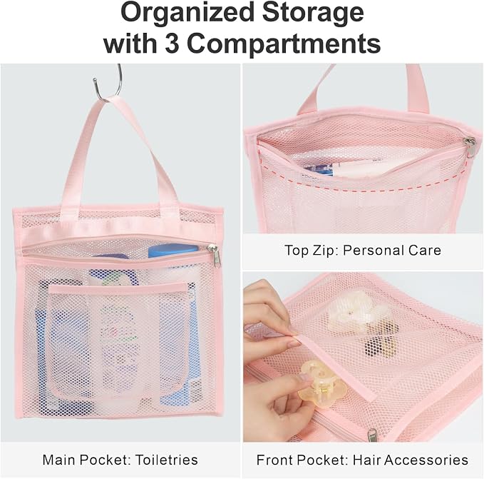 F-color Mesh Shower Caddy Portable Hanging - 3 Pockets Small Shower Bag Tote with Zipper Closure for Camping, Gym Lockers, Travel, Toiletry, Quick Dry Bathroom Essentials with S Hook, Pink - Image 4