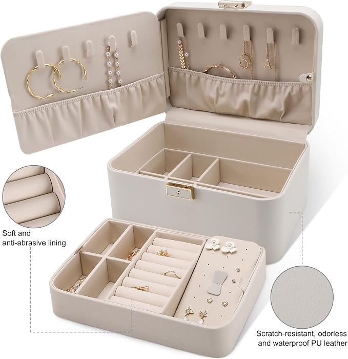 KAMIER Jewelry Box, 2 Layers PU Leather Jewelry Organizer Box, Large Capacity, Double Lock and Large Mirror, Hidden Necklace Hooks, Removable Dividers, Grey - Image 2