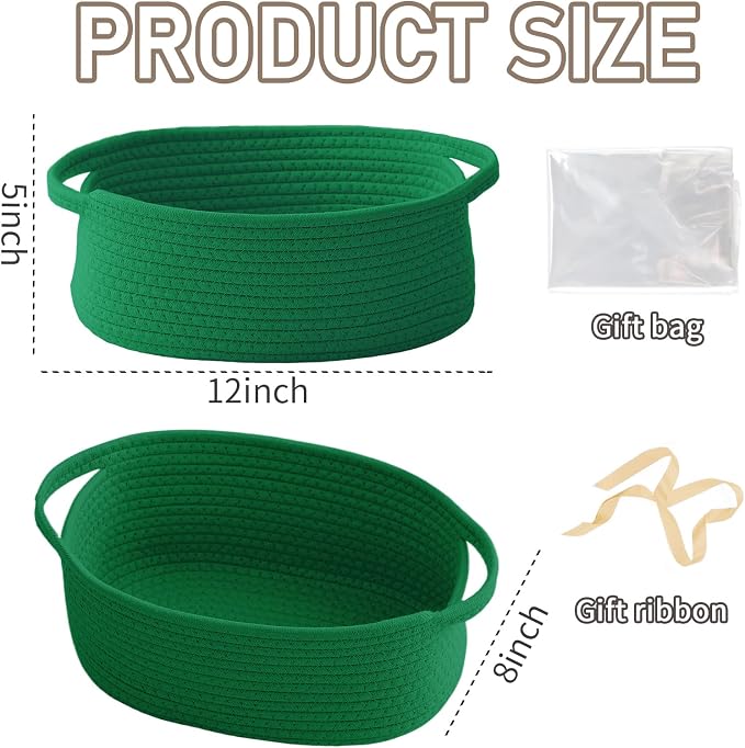 JMvicyroam Woven Basket,Small Rope Storage Bin with Handles & Ribbon Bag, Organizer for Shelves Closets,Gift Basket Empty for Birthday,Books,Dog Toys, Green/2 Pack - Image 2
