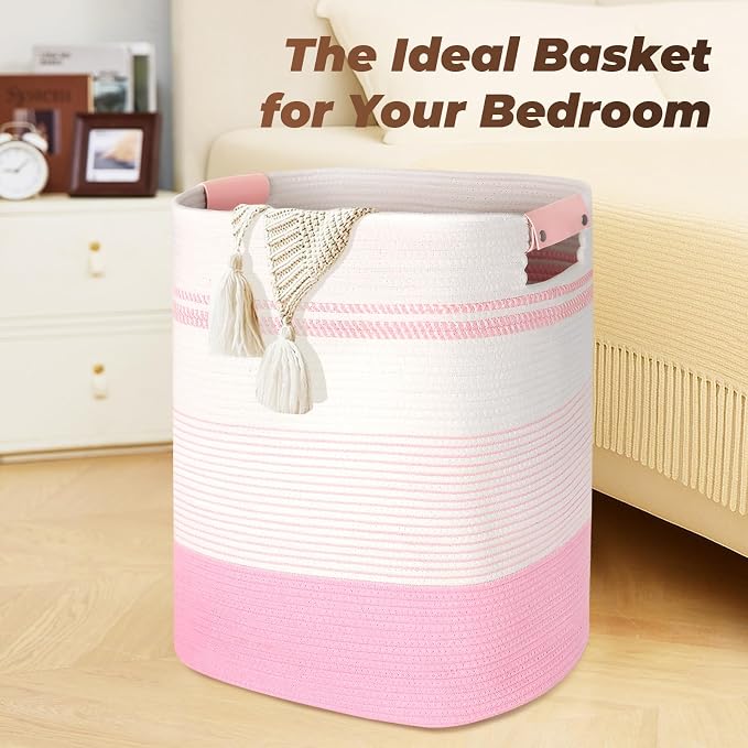 AINUOQI Laundry Basket with Handles - Blanket Basket & Hampers for Bedroom Aesthetic, Laundry Hamper & Blanket Storage for Living Room, Clothes Hamper, Tall, Large 17" x 14" x 22”, Pink & White - Image 7