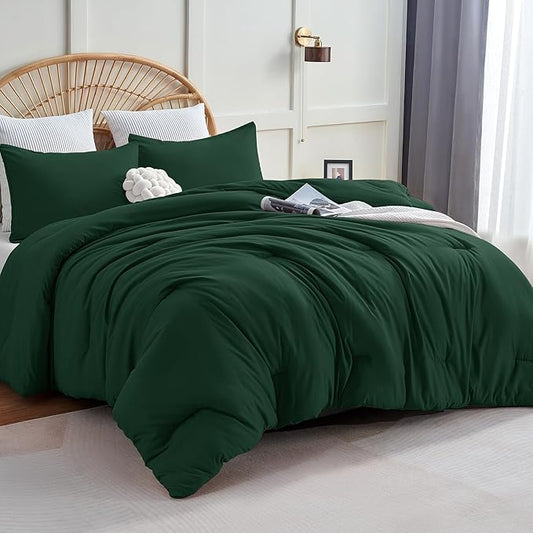 CozyLux King Size Comforter Set Emerald Green, 3 Pieces Solid Comforters King Size Breathable Bedding Sets, Luxury Soft Lightweight Bed Set with Down Alternative Comforter and 2 Pillowcases All Season