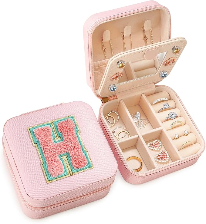 SANDJEST Personalized Jewelry Box, Pink Travel Jewelry Box with Initial H, Small Monogrammed Jewelry Case Organizer for Girls Women Teen Kids, Mini Travel Essentials Gifts for Birthday Christmas by SANDJEST