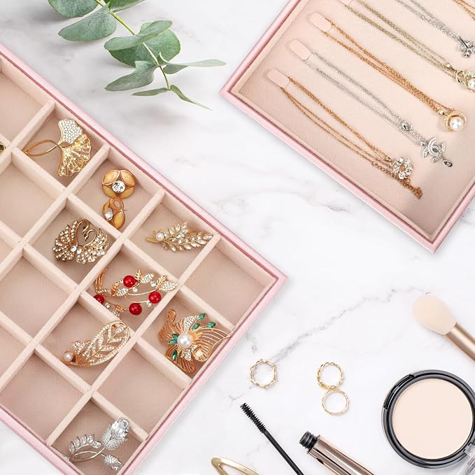 Voova Stackable Jewelry Organizer Tray with Lid, PU Leather Jewelry Storage Holder for Drawer Inserts, Jewellery Display Box Case for Earring Necklace Ring Watch Bracelet (Set of 4, Rose Gold) - Image 2