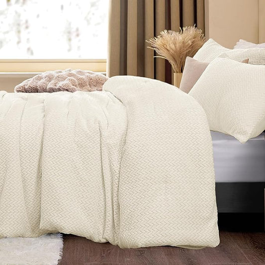 Flannel Fleece Comforter King Set - Furry Beige Leaves Pattern Faux Fur Bed Set, Winter Ultra Soft Fuzzy Comfort Set, Velvet Bedding Set for Bed with 2 Pillow Cases