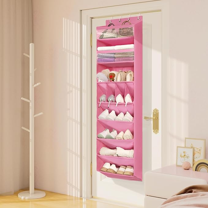 FENTEC 1 Pack 8 Shelves Over The Door Shoe Organizer,68" Exlarge Deep Pockets Hanging Shoe Organizers, Shoe Rack for Closet, Shoe Holder for Boots,Over Door Organizer in Home, RV, Dorm, Pink - Image 8