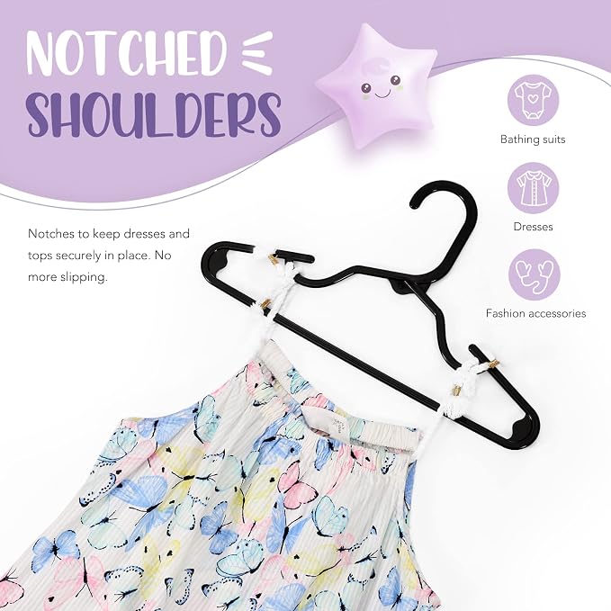 HOUSE DAY Baby Hangers 100 Pack - Durable Plastic Infant & Kids Clothes Hangers, Thin Compact Space-Saving Design for Nursery/Children's Closet, Toddler Small Hangers Black (Infant/Baby/Toddler/Kids) - Image 4