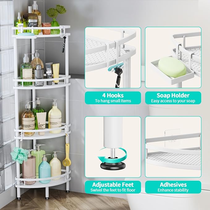 HapiRm Standing Corner Shower Caddy - 4 Tier Shower Organizer Corner with Soap Holder and 4 Hooks, Rustproof Bathroom Storage Shelves with Adhesives, White - Image 3