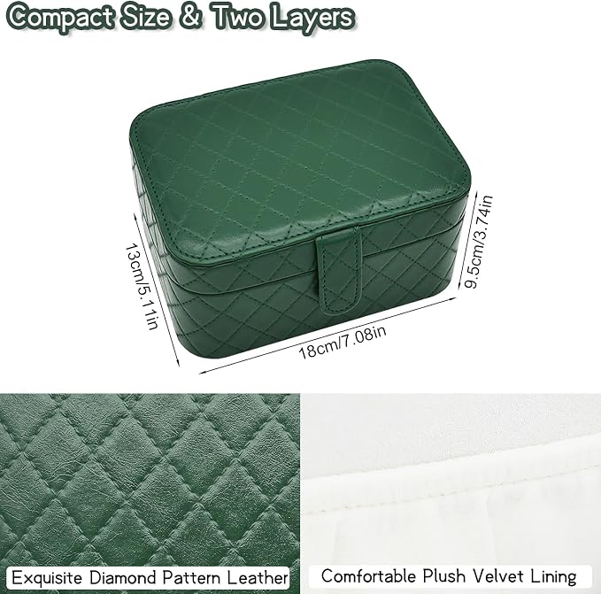 Jewelry Travel Case, 2-Layer Jewelry Box Organizer Medium Jewelry Travel Box, Portable Faux Leather Jewellery Storage Boxes with Argyle for Women, Daily Jewellery Case Home Use (Dark green) - Image 2