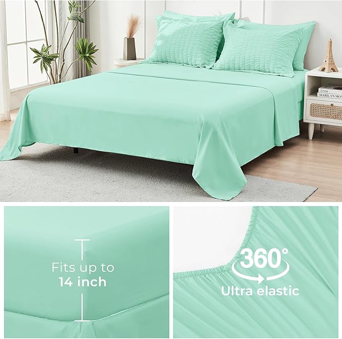 HYMOKEGE Mint Green Twin XL Comforter Set Seersucker 5 Pieces, All Season Luxury Bed in a Bag for Bedroom, Bedding Set with Comforter, Sheets, Pillowcase & Sham