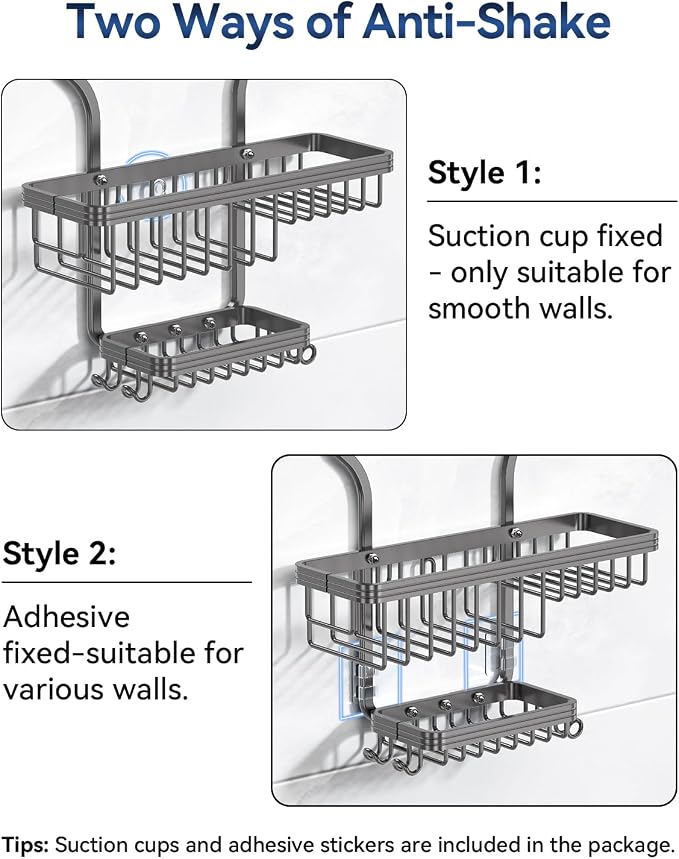 YASONIC Shower Caddy Hanging - Never Rust Organizer - Aluminum over The head caddy with 10 Hooks for Razor/Sponge - Shower Rack with Soap Basket - Grey - Image 6