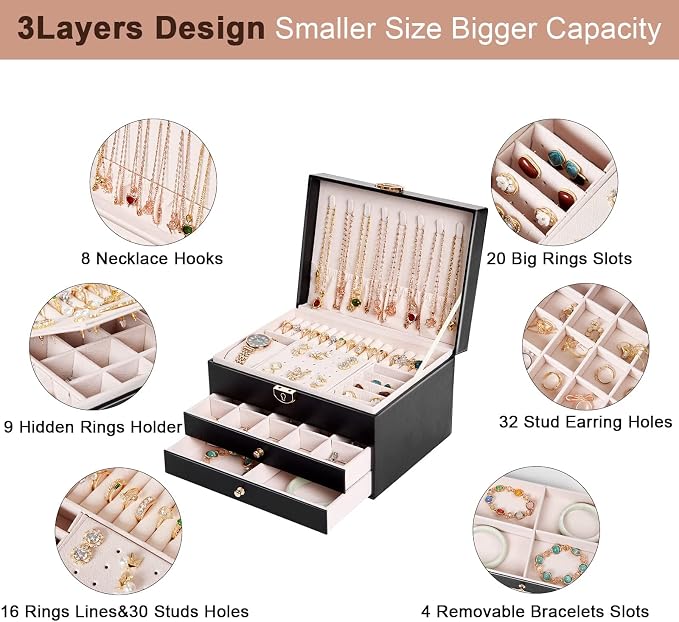 Jewelry Organizer Box for Women, Large Jewelry Organizer with Lock, 3 Tier Storage Box with Velvet Lining, 2 Drawers, Necklace Hooks, Ring Rolls - Image 6