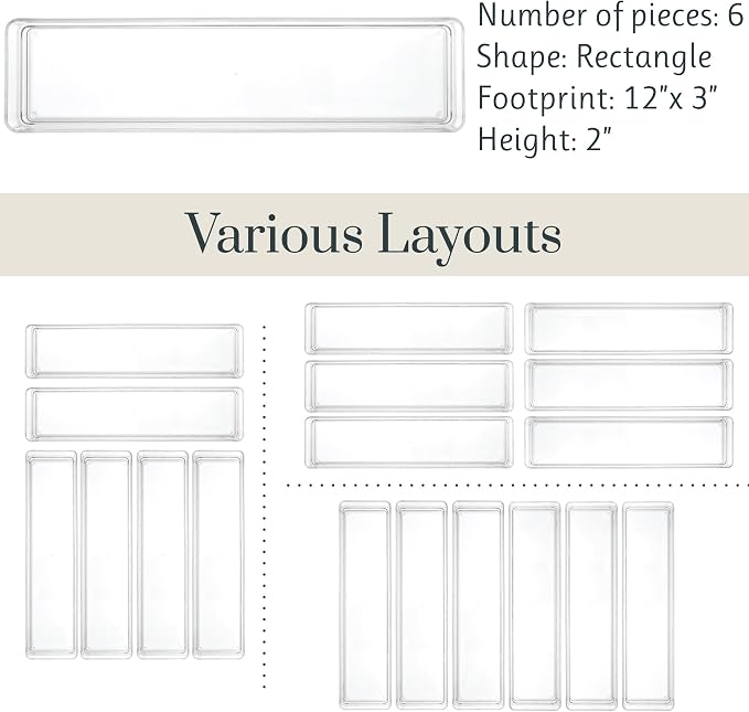 STORi SimpleSort 6-Piece Stackable Clear Drawer Organizer Set | 12" x 3" x 2" Rectangle Trays | Narrow Makeup Vanity Storage Bins and Office Desk Drawer Dividers | Made in USA - Image 5