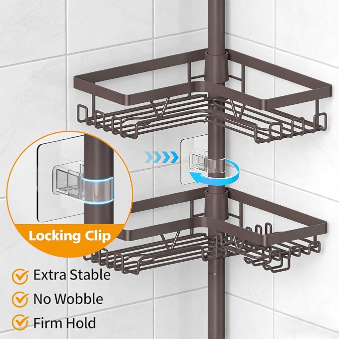 KEGII Shower Caddy Tension Pole with 2 Towel Bars, Adjustable Corner Bathroom Organizer, Rustproof Bathtub Storage Shelves for Shampoo, 25–114.2 Inch Shower Corner Rack for Renters & Family, Bronze - Image 3