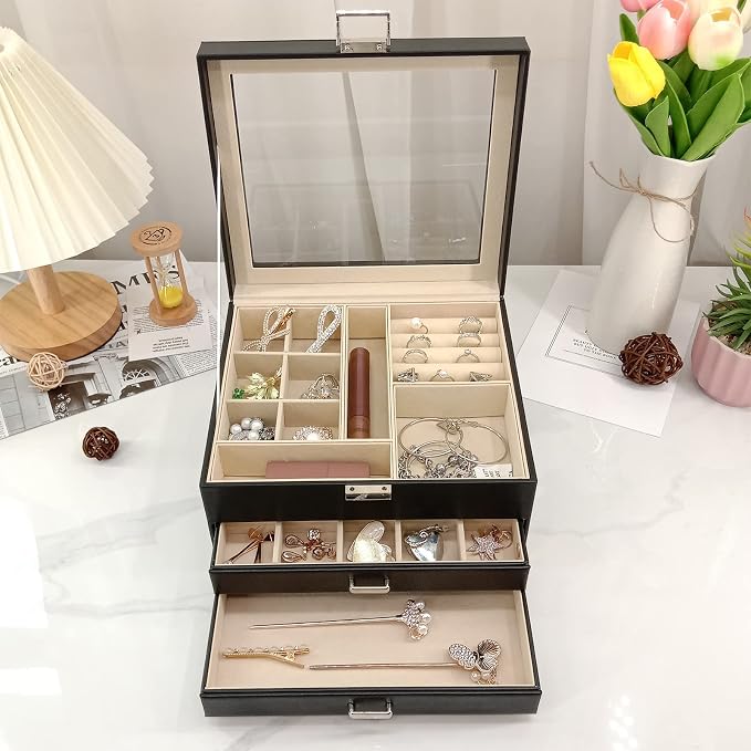BOOVO Clear Lid Jewelry Box,3 Layers Jewelry Organizer Large Multi-Functional Jewelry Storage Box with 2 Drawers,Jewelry Display Case of Rings Earrings Necklace Bracelets for Women Girls (Black) - Image 8