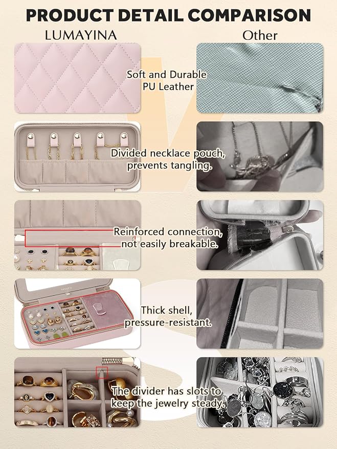 Travel Jewelry Case with Mirror, Quilted Small Jewelry Box Organizer for Women Girls, Portable Earring Necklace Bracelet Ring Holder Storage for Travel Weekend Trips (Blush Pink) - Image 8